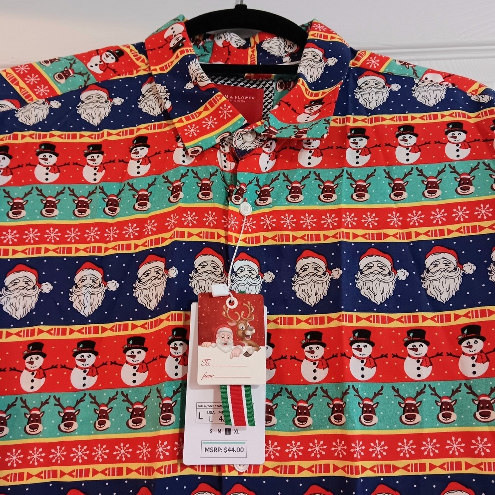 Denim & Flower Mens Large Holiday Christmas Button Shirt NWT Santa Reindeer Snow